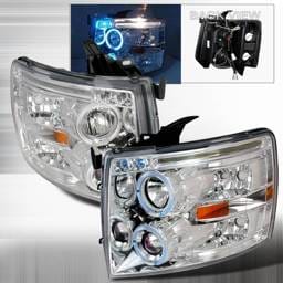 Chevrolet Silverado Custom Disco Chrome Dual Halo Projector Headlights with LED Eyebrows & Amber Reflector - 2LHP-SIV07B-TM