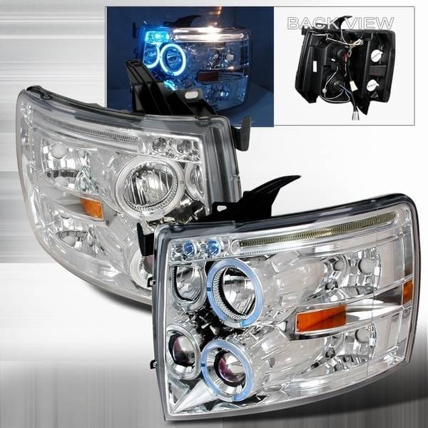 Chevrolet Silverado Custom Disco Chrome Dual Halo Projector Headlights with LED Eyebrows & Amber Reflector - 2LHP-SIV07B-TM