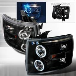 Chevrolet Silverado Custom Disco Black Dual Halo Projector Headlights with LED Eyebrows & Amber Reflector - 2LHP-SIV07JMB-TM