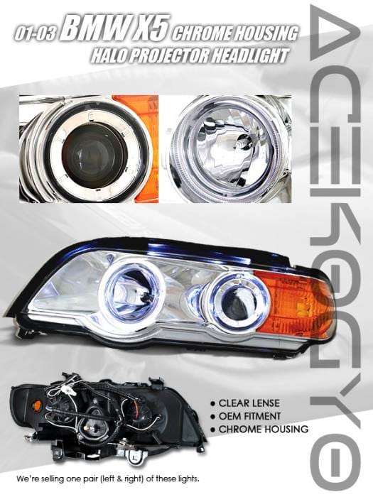 Euro Chrome Blue Halo Projector Headlights - Amber