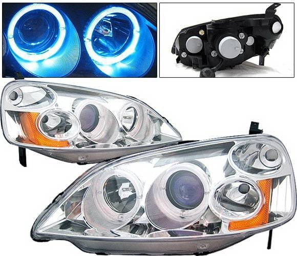 Honda Civic 2DR & 4DR 4 Car Option Dual Halo Projector Headlights - Chrome - LP-HC01CB-KS