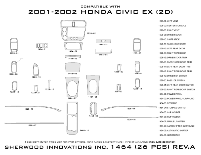 Honda Civic 4DR Sherwood 2D Flat Dash Kit thumbnail 5