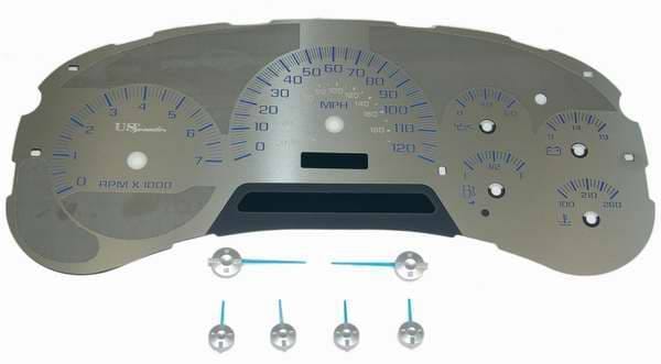US Speedo Stainless Steel Gauge Face with Blue Back and Color Match Needles - Displays 120 MPH - SS GM 20B