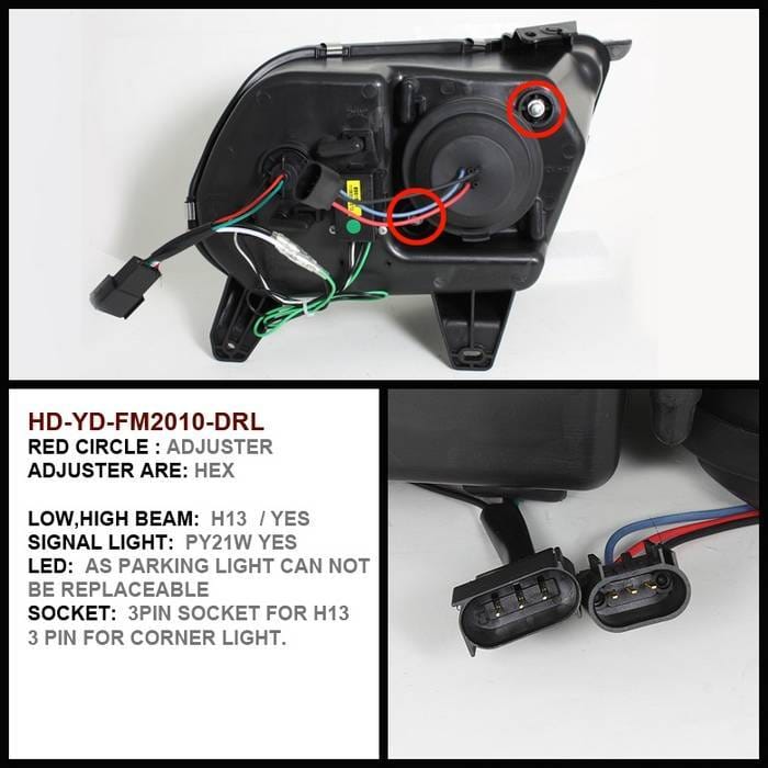 Ford Mustang Spyder DRL LED Crystal Headlights - Black - 333-FM2010-DRL-BK thumbnail 2