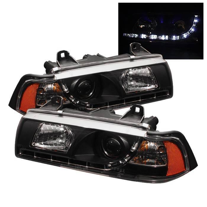 BMW 3 Series 2DR Spyder Projector Headlights - NOT FIT TI MODEL - DRL - Black - 444-BMWE36-2D-DRL-BK