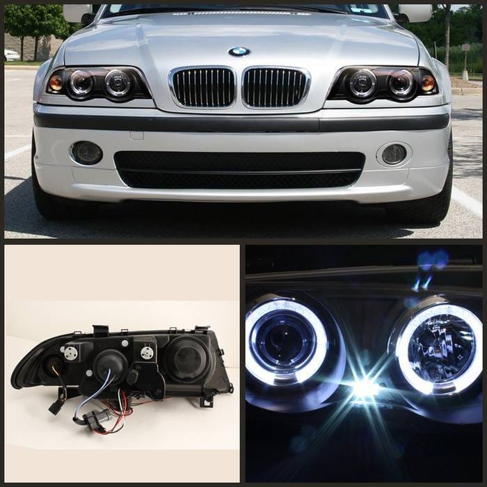 BMW 3 Series 4DR Spyder Projector Headlights - LED Halo - Amber Reflector - Black - 444-BMWE46-4D-HL-AM-BK thumbnail 2