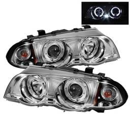 BMW 3 Series 4DR Spyder Projector Headlights - LED Halo - Amber Reflector - Chrome - 444-BMWE46-4D-HL-AM-C