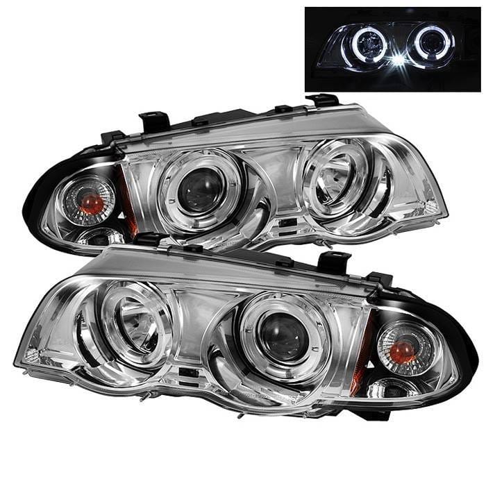 BMW 3 Series 4DR Spyder Projector Headlights - LED Halo - Amber Reflector - Chrome - 444-BMWE46-4D-HL-AM-C
