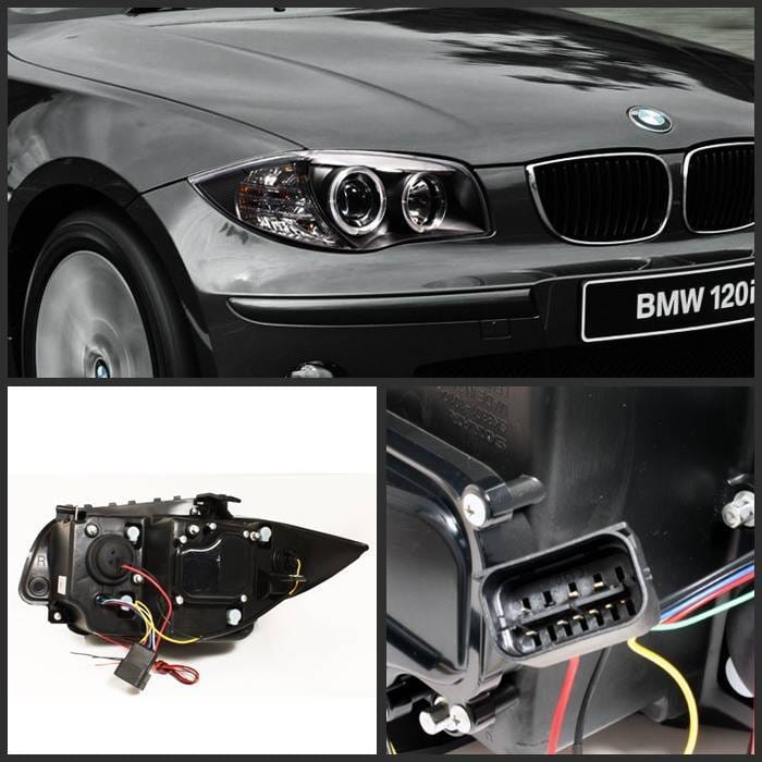 BMW 1 Series Spyder Projector Headlights - LED Halo - Black - 444-BMWE87-HL-BK thumbnail 2