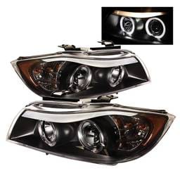 BMW 3 Series 4DR Spyder Projector Headlights - LED Halo - Amber Reflector - Replaceable Eyebrow Bulb - Black - 444-BMWE9005-AM-BK
