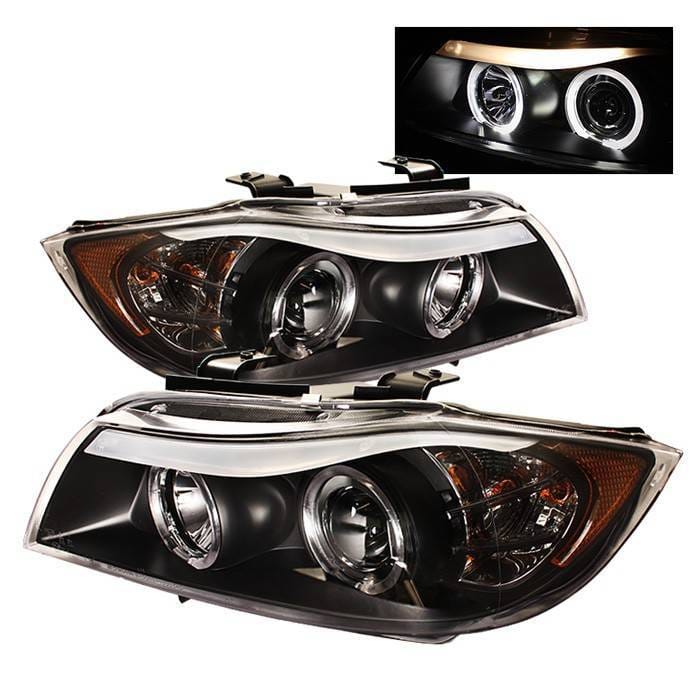 BMW 3 Series 4DR Spyder Projector Headlights - LED Halo - Amber Reflector - Replaceable Eyebrow Bulb - Black - 444-BMWE9005-AM-BK