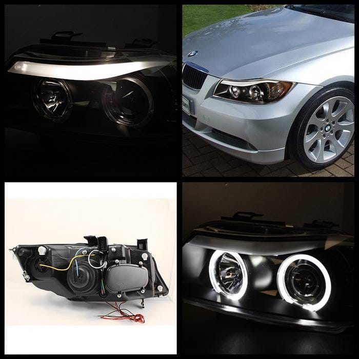 BMW 3 Series 4DR Spyder Projector Headlights - LED Halo - Amber Reflector - Replaceable Eyebrow Bulb - Black - 444-BMWE9005-AM-BK thumbnail 2
