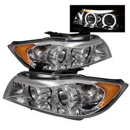 BMW 3 Series 4DR Spyder Projector Headlights - LED Halo - Amber Reflector - Replaceable Eyebrow Bulb - Chrome - 444-BMWE9005-AM-C