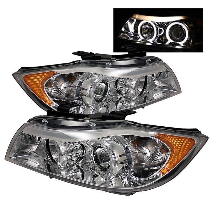 BMW 3 Series 4DR Spyder Projector Headlights - LED Halo - Amber Reflector - Replaceable Eyebrow Bulb - Chrome - 444-BMWE9005-AM-C