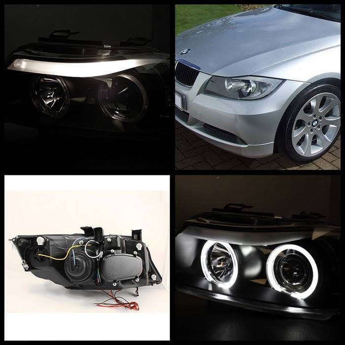 BMW 3 Series 4DR Spyder Projector Headlights - LED Halo - Amber Reflector - Replaceable Eyebrow Bulb - Chrome - 444-BMWE9005-AM-C thumbnail 2