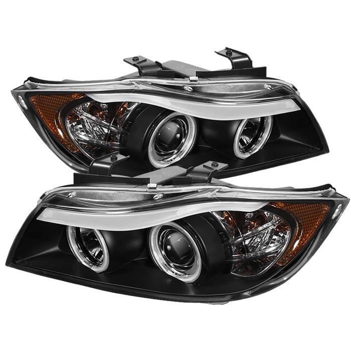 BMW 3 Series 4DR Spyder Projector Headlights - CCFL Halo - Replaceable Eyebrow Bulb - Black - 444-BMWE9005-CCFL-BK