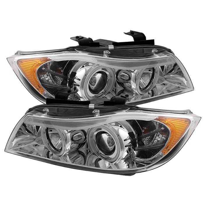 BMW 3 Series 4DR Spyder Projector Headlights - CCFL Halo - Replaceable Eyebrow Bulb - Chrome - 444-BMWE9005-CCFL-C