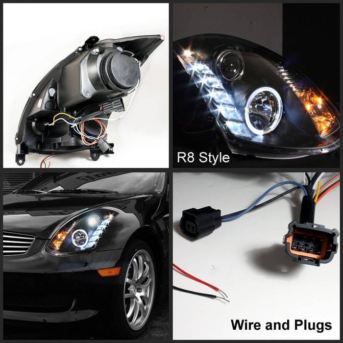 Infiniti G35 2DR Spyder Projector Headlights - Xenon HID Model Only - CCFL Halo - DRL - Black - 444-IG35032D-CCFL-DRL-BK thumbnail 2