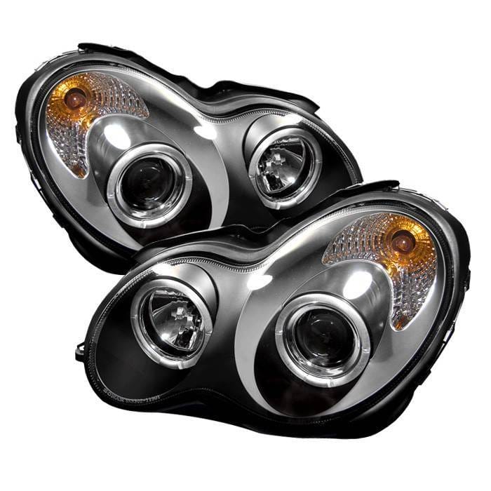Mercedes-Benz C Class Spyder Projector Headlights - LED Halo - Black - 444-MBW203-HL-BK