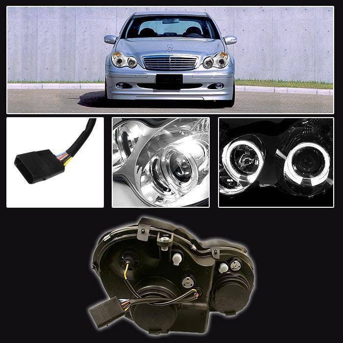 Mercedes-Benz C Class Spyder Projector Headlights - LED Halo - Black - 444-MBW203-HL-BK thumbnail 2