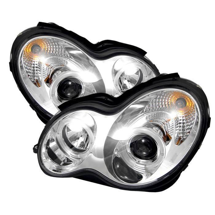 Mercedes-Benz C Class Spyder Projector Headlights - LED Halo - Chrome - 444-MBW203-HL-C