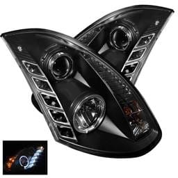 Infiniti G35 2DR Spyder Daytime Running LED Projector Headlights - Black - 444-LIS06-DRL-SM