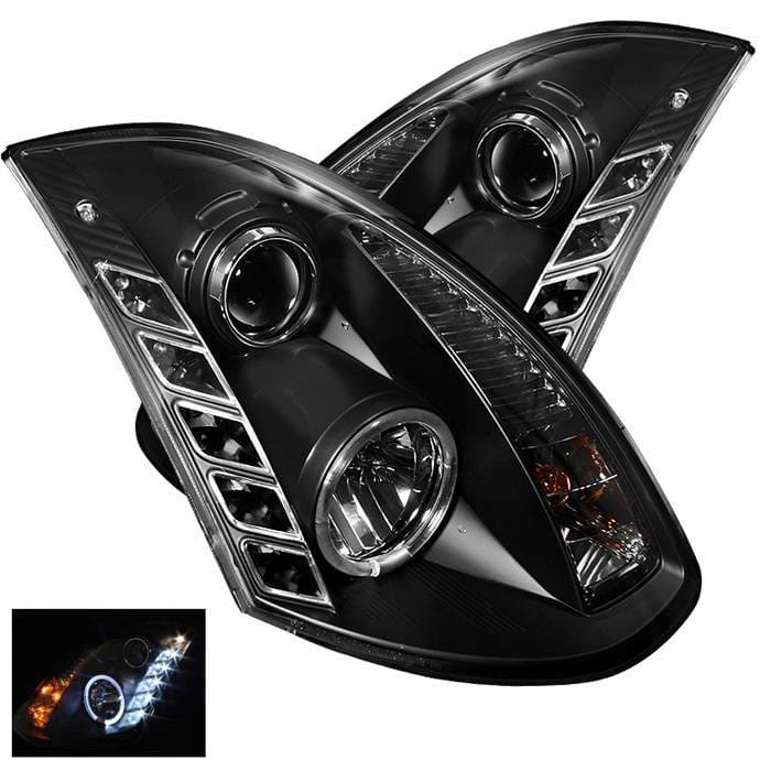 Infiniti G35 2DR Spyder Daytime Running LED Projector Headlights - Black - 444-LIS06-DRL-SM