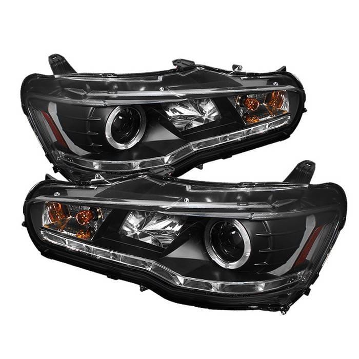 Mitsubishi Lancer Spyder Projector Headlights - Xenon HID Model Only - LED Halo - DRL - Black - 444-ML08-HID-DRL-BK