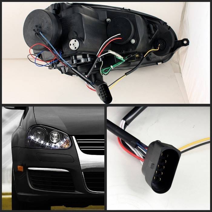 Volkswagen Jetta Spyder Projector Headlights DRL LED - Black - 444-VG06-DRL-BK thumbnail 2