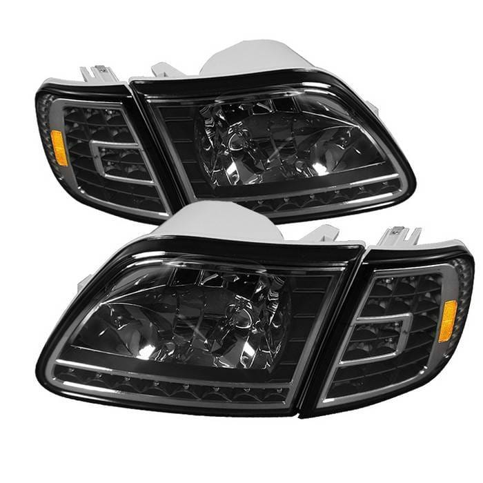 Ford F150 Spyder Crystal Headlights with Clear LED Corners - Black - HD-ON-FF15097-LED-SET-BK